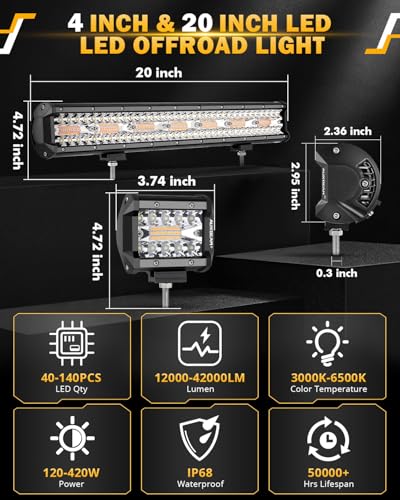 4 Inch Pod Lights & 20In LED Light Bar 6 Modes Offroad Kit (3 Count)