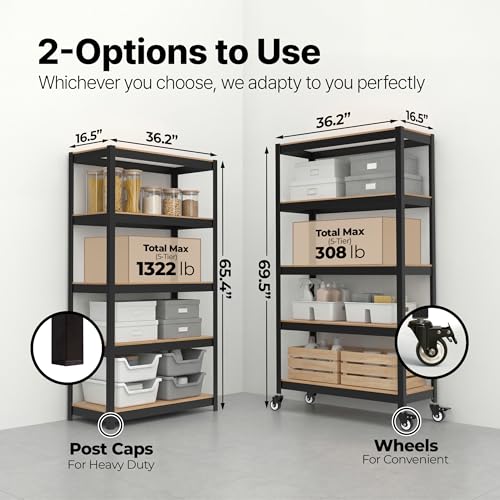 House Black 36.2" W 5 Tier Rolling Storage Shelves Metal Cart