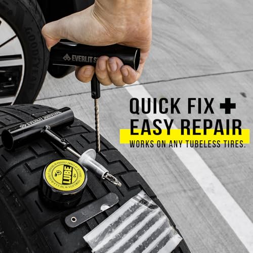 All-in-One Tire Repair Kit with Air Compressor – 150 PSI Portable Cordless Tire Inflator & Plug Kit – Flat Tire Emergency Roadside Kit for Car, SUV, Truck & Motorcycle Fast Repair & Inflation