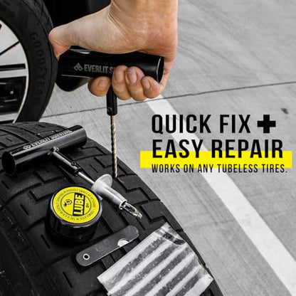 All-in-One Tire Repair Kit with Air Compressor – 150 PSI Portable Cordless Tire Inflator & Plug Kit – Flat Tire Emergency Roadside Kit for Car, SUV, Truck & Motorcycle Fast Repair & Inflation