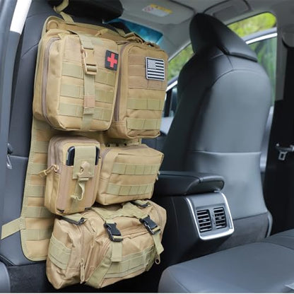 tactical car seat back organizer and storage truck seat covers with a Molle Vehicle Panel and 5 Different Size Molle Pouches for most models such as Jeep