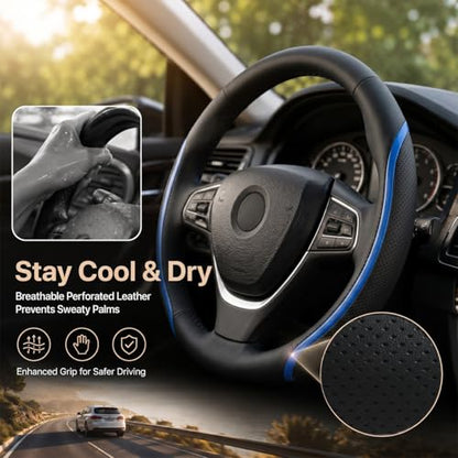 Steering Wheel Cover Blue and Black Leather Universal 14.5