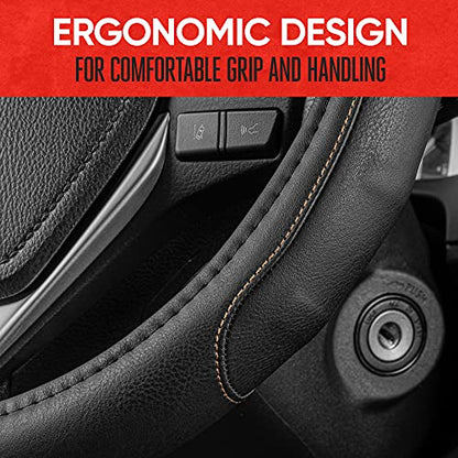GripDrive Faux Black Leather Steering Wheel Cover for Car Truck Van SUV