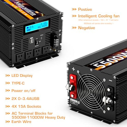 5500 Watt Power Inverter 12V DC to 110V 120V Converter for Family RV Off Grid Solar System Car with Type