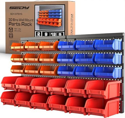 30-Bin Wall-Mounted Storage Rack System - Heavy-Duty Garage Tool Organizer for Screws, Nuts, Bolts, Nails, Beads, and Small Hardware Parts - Easy Installation and Customizable (30 Count)