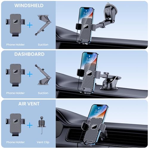 Phone Holder Car Mount for iPhone [Powerful Suction] Phone Mount for Car Dashboard Windshield Air Vent Universal Accessories Automobile Phone Holder Fit iPhone Smartphone Carbon Fiber