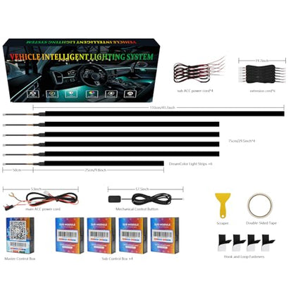 Dreamcolor Acrylic Interior Car Lights 6 in 1 RGB LED Strip Lights with APP Control 252 Color Modes DIY Fiber Optic Ambient Lighting Kits Music Car Neon Light Kits New Version