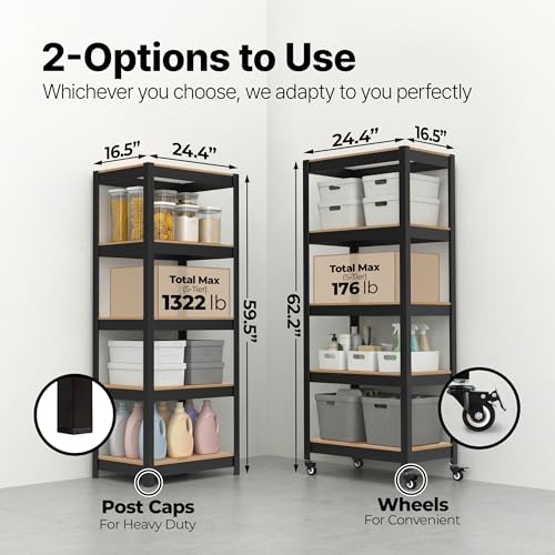 House Black 24.4" W 5 Tier Rolling Storage Shelves Metal Cart