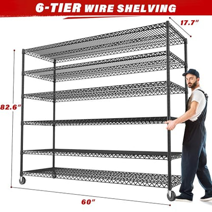 60" W 6 Tier Wire Shelving with Wheels & Feet