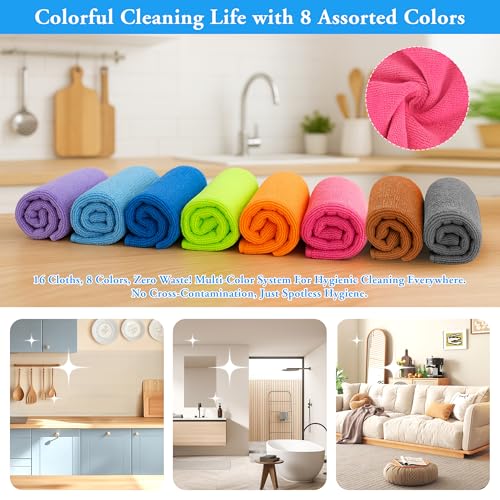 Microfiber Cleaning Cloths 16 Pack 8 Colors 11.5"x11.5" (16 Count)