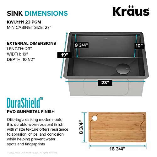 Kore 23 Inch Undermount Workstation 16 Gauge Black Stainless Steel Single Bowl Kitchen Sink in PVD Gunmetal Finish with Accessories