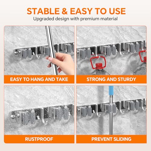 5 Grippers Broom Holder Wall Mount with 4 Hooks Stainless Steel