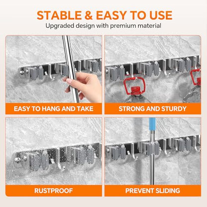 5 Grippers Broom Holder Wall Mount with 4 Hooks Stainless Steel