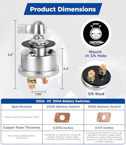 Battery Disconnect Switch 12V 24V 48V Heavy Duty Battery Shut Off Cut Off Power Kill Switch Isolator 300A High Current for Car