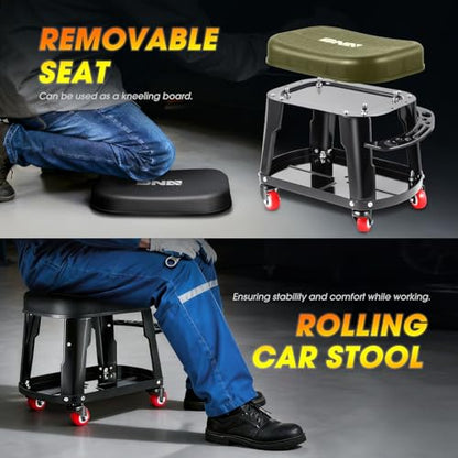 TOOLS 00252 Removable Rolling Garage Stool with Seat Cushion & Tool Tray Plate