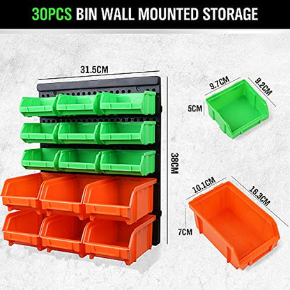 30-Bin Wall-Mounted Storage Bins, Heavy-Duty Garage Tool Organizer for Screws, Nuts, Bolts, Nails, Small Hardware Parts - Easy Installation and Customizable (30 Count)