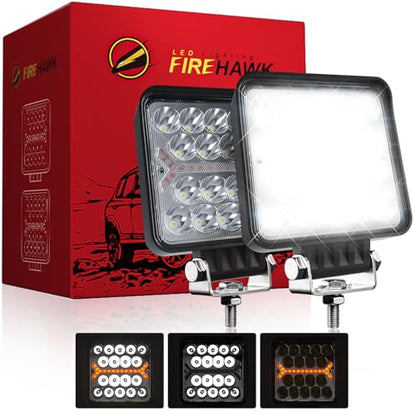 LED Light Pods Bar 4 Inch 30000LM 60W Square Spot Flood Amber White Driving Offroad Fog Work Backup Bumper for Truck Jeep ATV UTV SUV Tractor Motorcycle 4x4 Cart Trailer Boat Waterproof 2PCS