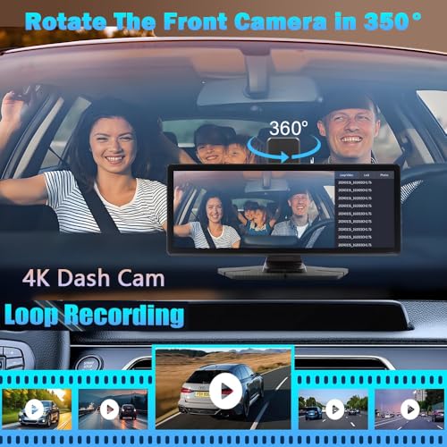 Wireless Carplay Screen for Car 10.26" 4K 360 Rotation Dash Cam Carplay&Android Auto Car Stereo 1080p Backup Camera GPS Navigation