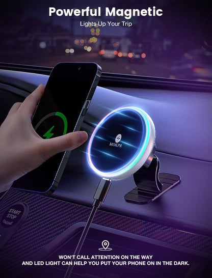 for Magsafe Car Mount Charger 15W LED RGB Car Phone Holder for Dash Vent