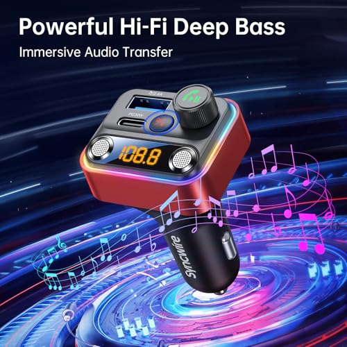 Bluetooth 5.4 FM Transmitter Car Adapter 42W [Light Switch] [Stronger Dual Mics] [HiFi Deep Bass] [Fast Charging] Wireless FM Radio Music Adapter Hands