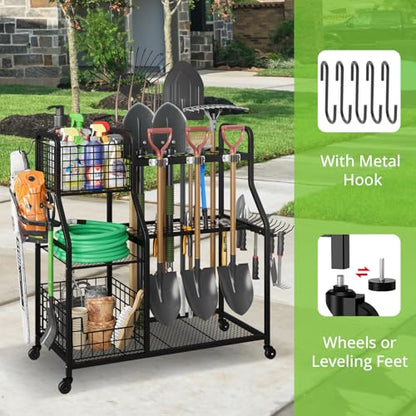 Garden Tool Holder Organizer with Heavy Duty Wheels for Garage