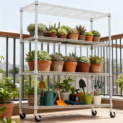 1400LBS 47.2" W 4 Tiers Storage Shelves Metal Shelving Unit with Wheels Heavy Duty Garage Shelving Adjustable Wire Shelves for Pantry