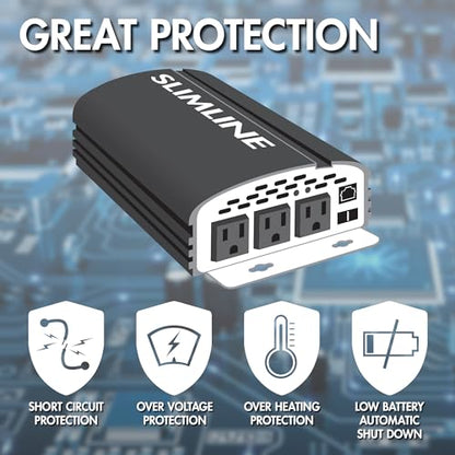 EL3724 2000W Slim Line AC to DC Power Inverter 2000W TrueRated Continuous 4500W Surge Power DC 12V to AC 110V Power Inverter with 3 AC Outlets and 2A USB Charging Port