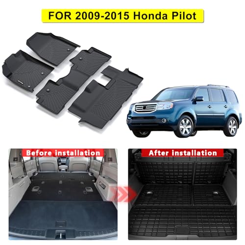 All Weather Floor Mats for Honda Pilot 2009 2010 2011 2012 2013 2014 2015 TPE Rubber Liners Pilot Odorless Anti