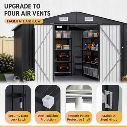 10x12FT Shed with Floor Galvanized Steel Outdoor Storage Shed Black