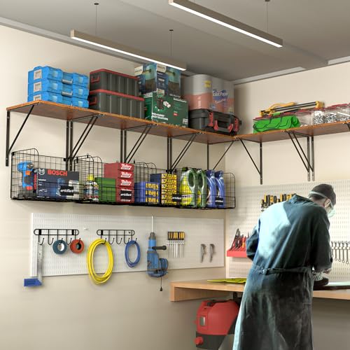 2 Pack Garage Shelves Wall Mounted with Wire Storage baskets (2 Count)