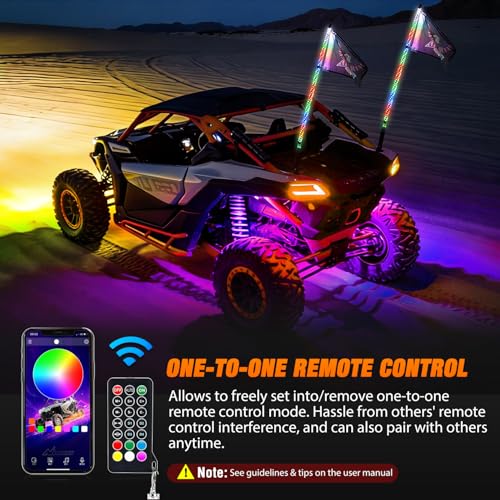 RGB LED Whip Light 2PCS 4FT with 4 Rock Lights Combo