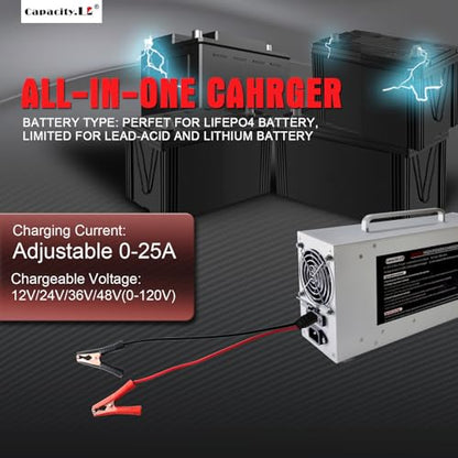 0-120V 0-25A Adjustable LiFePO4 Battery Charger, High Power Lithium Battery Charger with Pre-Charging, BMS Wake-Up, LCD Display, Variable DC Power Supply for RV Marine Solar Golf Cart