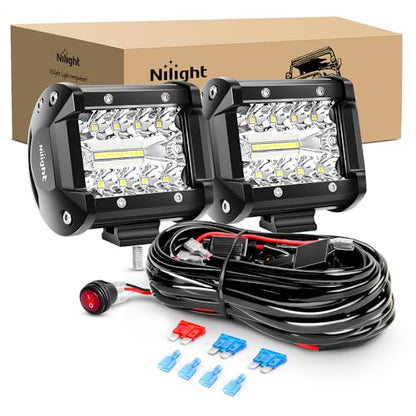 LED Light Bar 2PCS 60W 4 Inch Flood Spot Combo LED Work Light Pods Triple Row Work Driving Lamp with 12 ft Wiring Harness kit