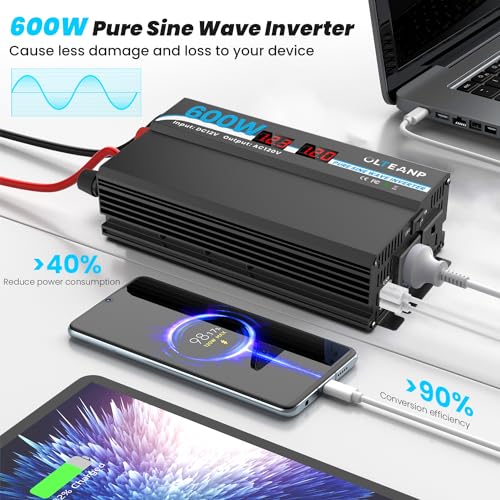 600W Pure Sine Wave Inverter 12V DC to 120V AC Converter for RV