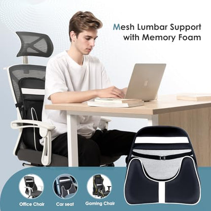 Memory Foam Double Layer Breathable Mesh Lumbar Support Ergonomic Leather Lumbar Support Pillow with 3D Mesh Back Support and Adjustable Strap for CarSeat & Office Chair