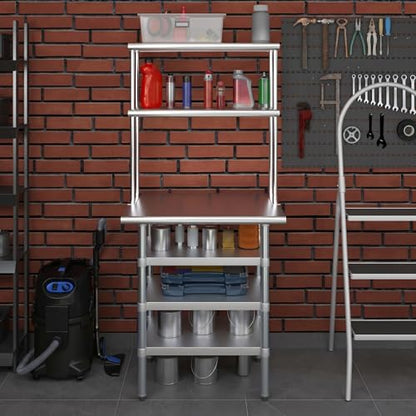 24" x 30" Stainless Steel Work Table with 3 Shelves and 12" Wide Double Tier Overshelf