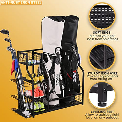 2 Golf Bag Rack Garage Storage Organizer Metal Black Golf Clubs Stand