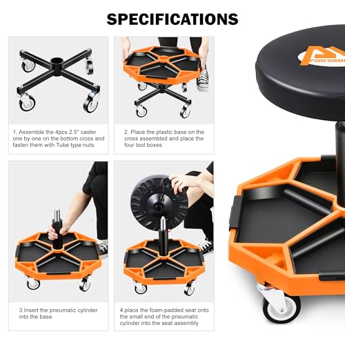 Adjustable Height Pneumatic Garage Seat Rolling Mechanic Stool with Tool Tray Storage