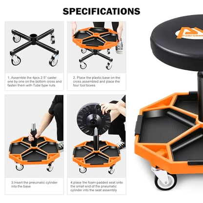 Adjustable Height Pneumatic Garage Seat Rolling Mechanic Stool with Tool Tray Storage