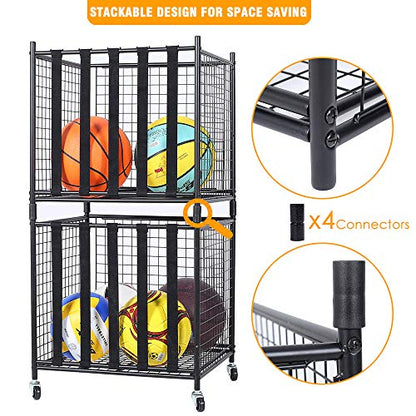 Garage Sports Ball Storage Rack Lockable Stackable Ball Cage Rolling Cart