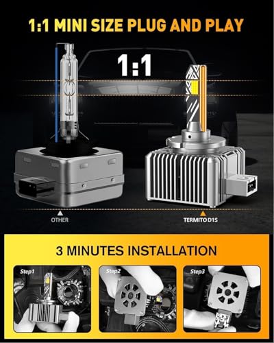 D1S Bulbs,60,000LM Super Bright,6500K Cool White,1:1 Factory Size,3-Min Plug & Play,IP68 Waterproof,Up to 85,000 Hours, Pack of 2