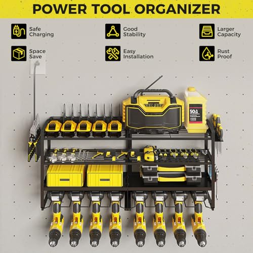 Power Tool Organizer Wall Mount with 4 Racks and 8 Cordless Drills
