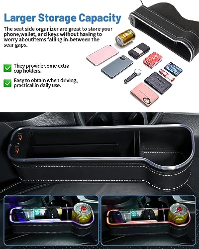 RGB Color Changing LED Car Seat Gap Filler Organizer Console Side Seat Gap Storage Box with Cup Holders and USB Chargers for Car Interior Accessories (2 Count)