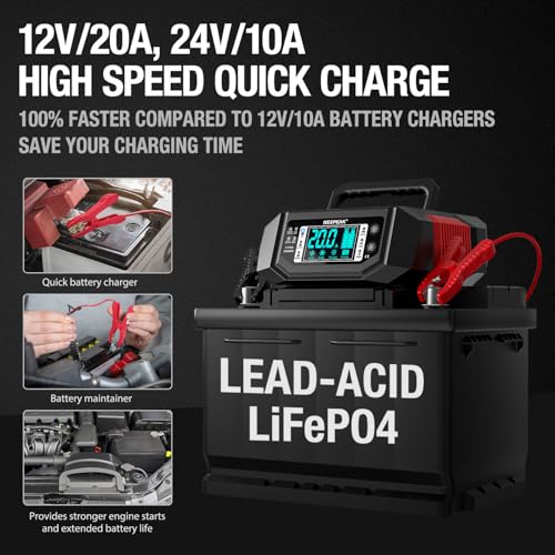 1-20A 12V/24V Car Battery Charger Trickle for LiFePO4 Lead-Acid