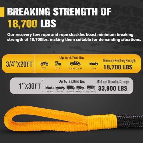 3 4in×20ft Kinetic Recovery Rope with 2 Soft Shackles Kit