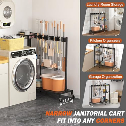 Broom Holder with Cleaning Supplies Organizer