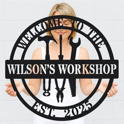 Custom Garage Workshop Metal Sign Personalized Tool Name Wall Art for Car Truck Mechanic Shop Decor Durable Steel Sign for Dad Husband Men’s Auto Workspace or Fence