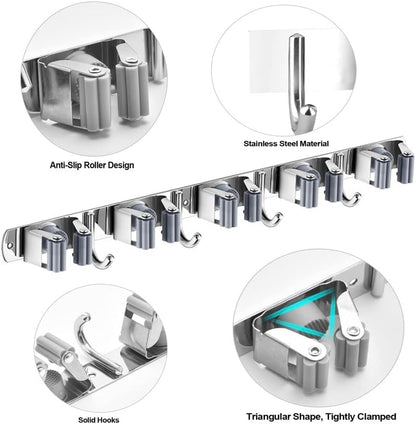 Mop and Broom Holder, 4 Positions 5 Hooks Heavy Duty Mop Hanger Wall Mounted Stainless Steel Organizer for Home Laundry Bathroom, Garage Storage Systems Utility Tools Rack