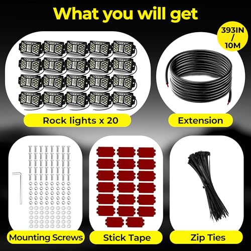 20 Pods 540 LEDs 6000K White Rock Lights with 32.8FT Extension Wire (20 Count)