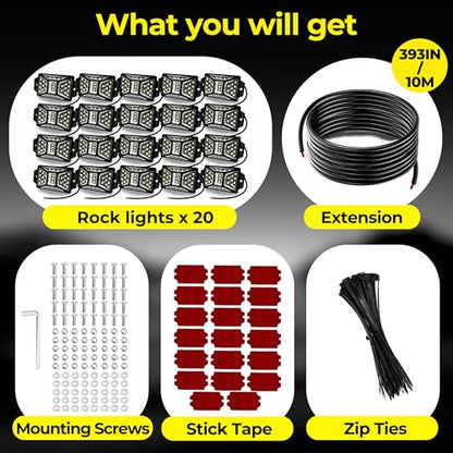 20 Pods 540 LEDs 6000K White Rock Lights with 32.8FT Extension Wire (20 Count)